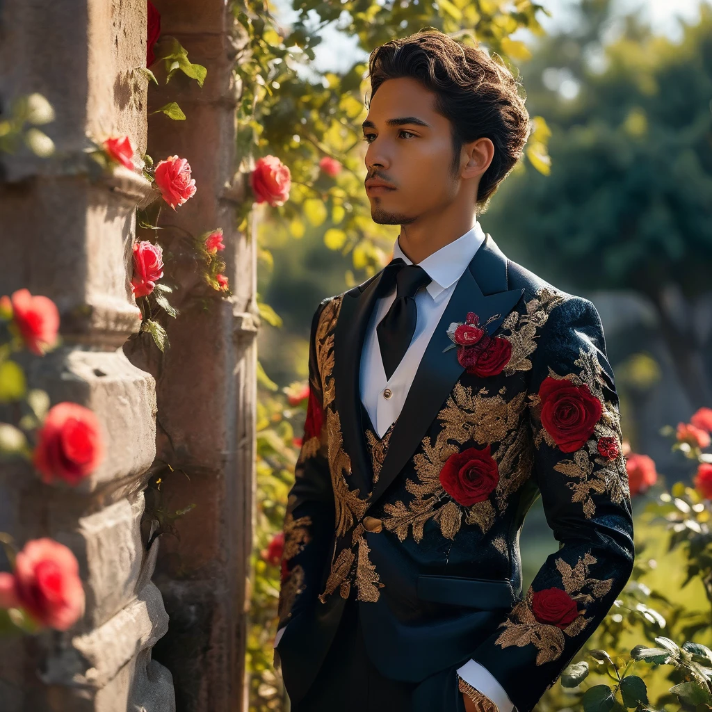 Create an image of a young man inspired by the characteristics of the rose 'The Prince, mixed race male model 23-25 year old, (angel face, prince eyes, lightly sweet smile), standing in a poised and regal posture, hand resting by his side, evokes a sense of deep contemplation and elegance. He is dressed in a deep, rich velvet jacket in dark deep purple or red wine, adorned with intricate embroidery and layered over a crisp black shirt, complemented by dark tailored trousers and polished black shoes. His clothing reflects the complex, multi-petaled structure of the rose, with detailed textures and luxurious fabrics.
The composition places the model slightly off-center, allowing for a view of a lush greenhouse garden background with glossy green leaves and hints of blooming deep-red roses, creating a natural yet sophisticated setting. Soft diffused lighting highlights the model's features and clothing, casting gentle shadows that add depth and dimension to the image. The overall atmosphere is one of quiet intensity and refined elegance, with a subtle hint of romanticism.
The photo is taken at eye level with a slight upward angle to emphasize the model's regal presence, using a medium-format camera, Canon EOS R7 and Sigma AF 85mm F1.4 EX DG HSM lens, used to achieve a shallow depth of field, ensuring the model stands out sharply against the softly blurred background.
 by photographers Thomas Synnamon known for his ability to capture elegance and refinement in fashion photography, golden hour dreamlike settings and intricate details complements the theme perfectly.