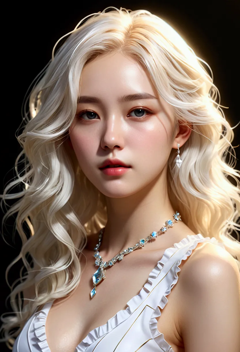 (The upper body of a woman wearing a white frilly sleeveless shirt), surrealism, A digital way to face reality, (beautiful face_delicate features, clear and pale skin), long white hair, spaced objects, (light의 소녀_ Body line made of transparent luminous bod...