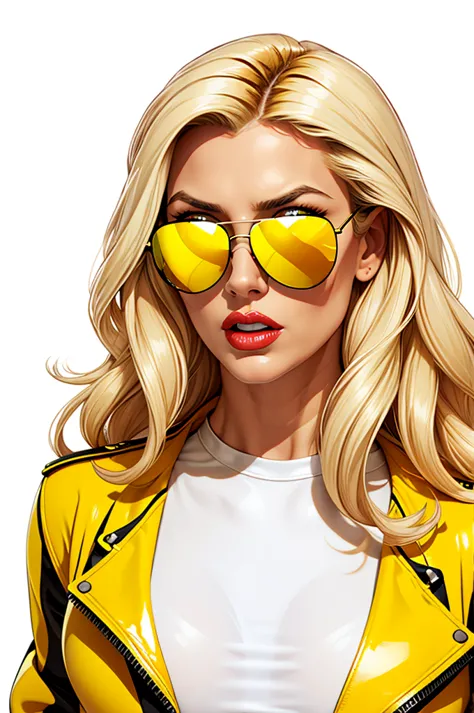 a long curling blonde wearing a sunglass, wearing a yellow leather glossy jacket, white t-shirt, white background, glossy red li...