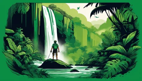 adventure t-shirt, explorer character, jungle waterfall landscape, lush green color palette, leafy texture, pen and ink style, d...