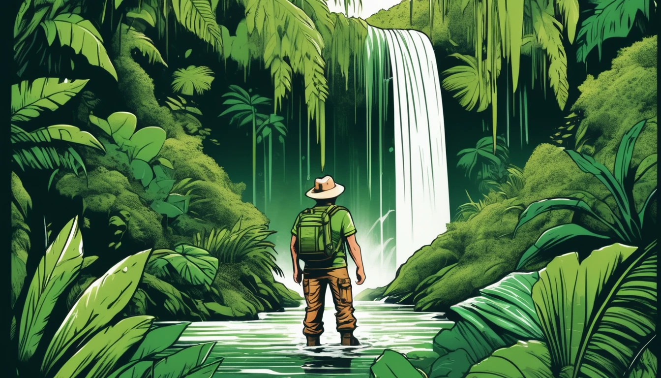 Adventure T-shirt, Explorer Character, Jungle Waterfall Landscape, Lush Green Color Palette, Leafy Texture, Pen and Ink Style, Diagonal Perspective
,T shirt design,TshirtDesignAF,
