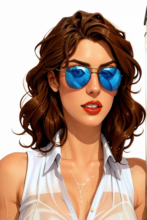 a long curling brown hair beauty, wearing a sunglass, wearing a wet white unbutton sleeveless shirt, white background, glossy re...