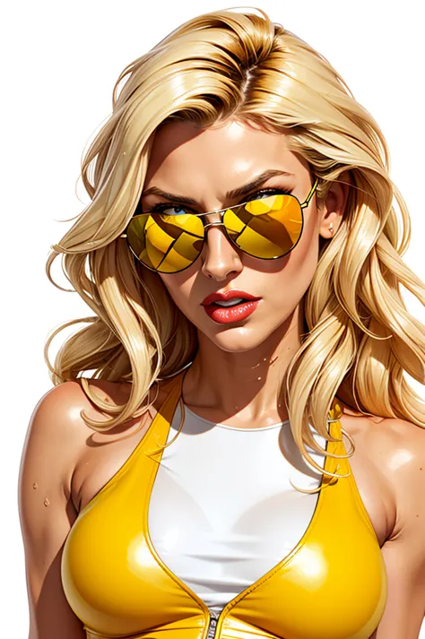 a long curling blonde wearing a sunglass, wearing a yellow leather glossy jacket, wet white tank top, white background, glossy r...
