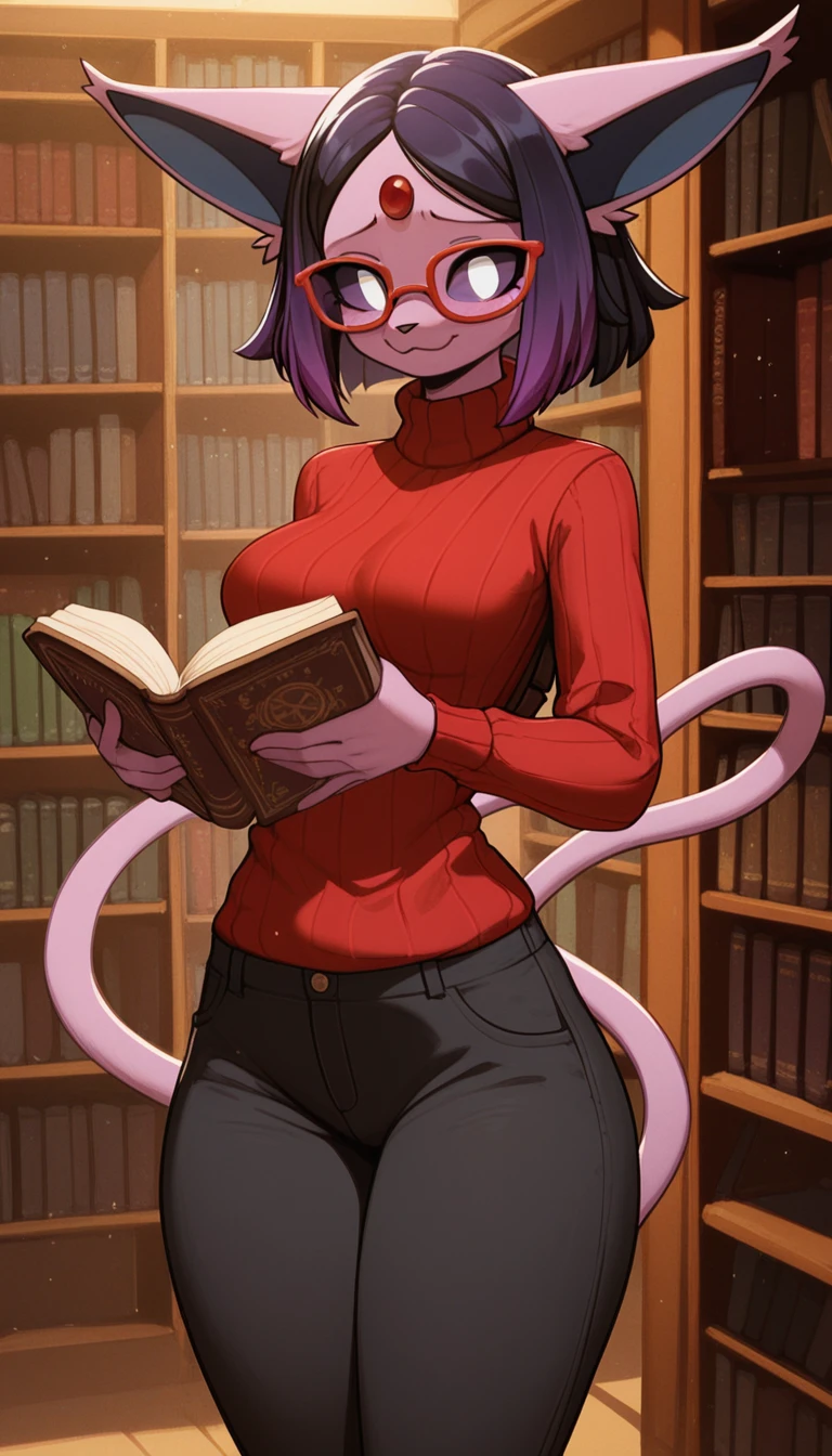 Excited expression, 1girl, anthro, furry, fur, fluffy fur, espeon girl, purple hair (black highlights), purple sclera, white eyes, pony tail hair, straight hair, (19 years), medium breast, thicc thighs, solo, (library), detailed, smug smile, red glasses, crimson turtle neck sweater, baggy pants (black pants), holding books, nervous, shy, looking at the viewer, score_9, score_8_up, score_7_up, score_6_up, score_5_up, score_4_up