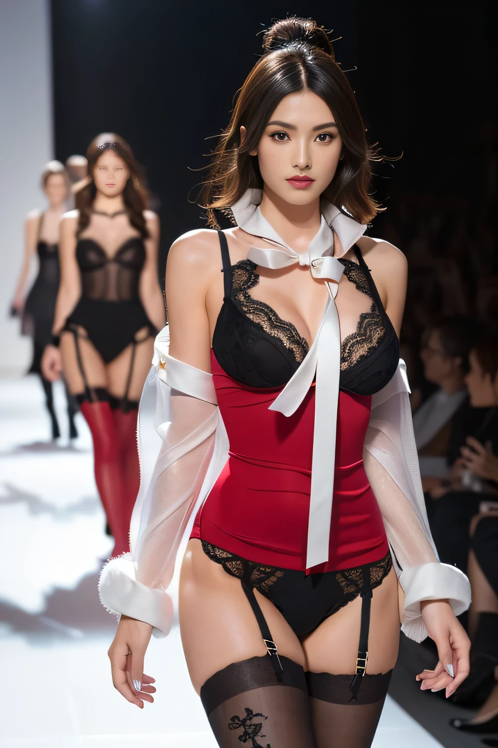 A woman in her fifties walking down the runway in black lingerie, thin, On the runway,{{{ no good::thin黒のランジェリー:, {{can see through}}}}, Very beautiful goth top model, {Very cute model, Fashion Show}, {{See-through,Lace Lingerie}}, attractive runway model, Revealing clothing, Catwalk photo, {{Panties are visible}}, {{The nipples of the breasts are visible through the,Tight dress}}, Walking the catwalk,{Red Garter Belt:1.5}, {Red Stockings：1.2}.Fashion Model