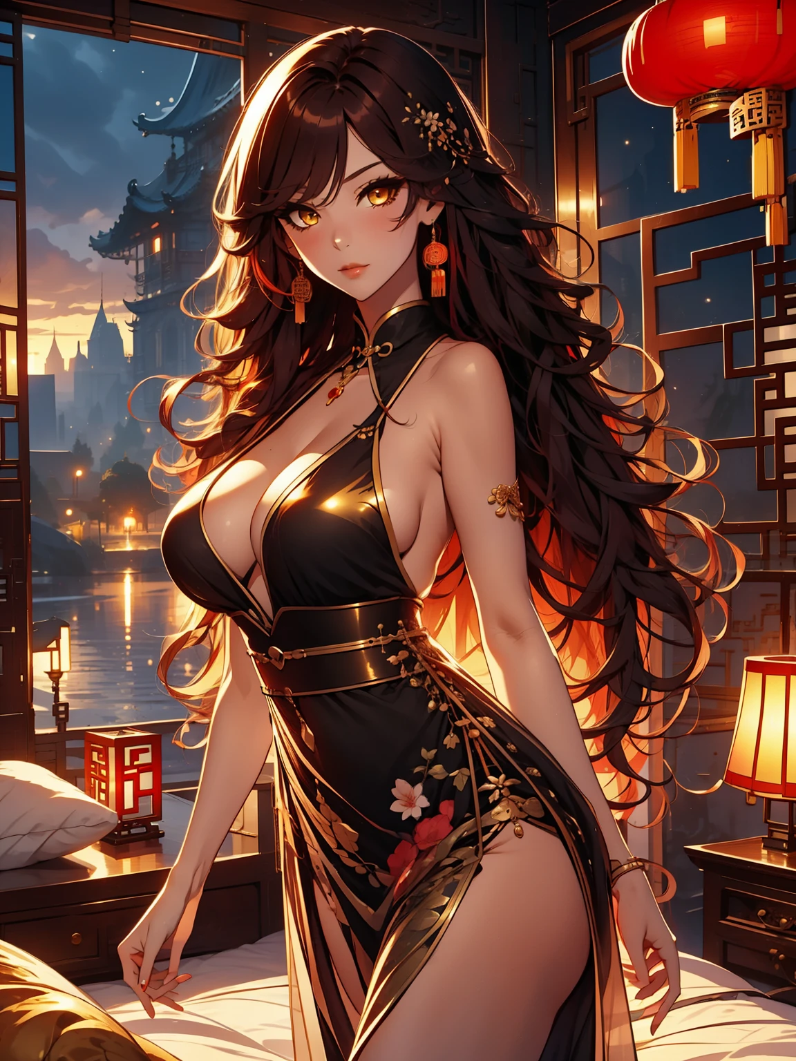 solo, solo girl, 1 girl, perfect anatomy, maximum sharpness, high definition, UHD, beautiful, marika, queen marika, black dress, low neckline, wavy red hair, golden eyes, detailed eyes, beautiful eyes, chest, one piece dress, sexy, sensual, no natural light, night, night, dark night, seductive, ruins, Magnolia, swallow, Traditional Chinese architecture,
