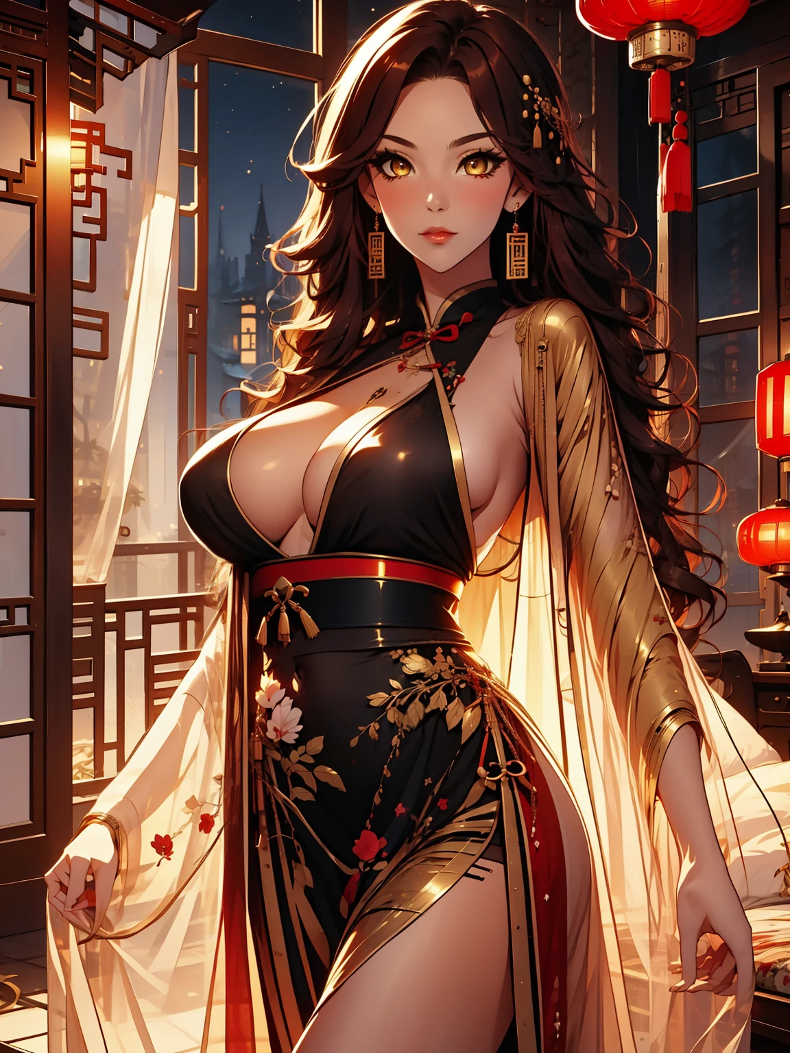 solo, solo girl, 1 girl, perfect anatomy, maximum sharpness, high definition, UHD, beautiful, marika, queen marika, black dress, low neckline, wavy red hair, golden eyes, detailed eyes, beautiful eyes, chest, one piece dress, sexy, sensual, no natural light, night, night, dark night, seductive, ruins, Magnolia, swallow, Traditional Chinese architecture,
