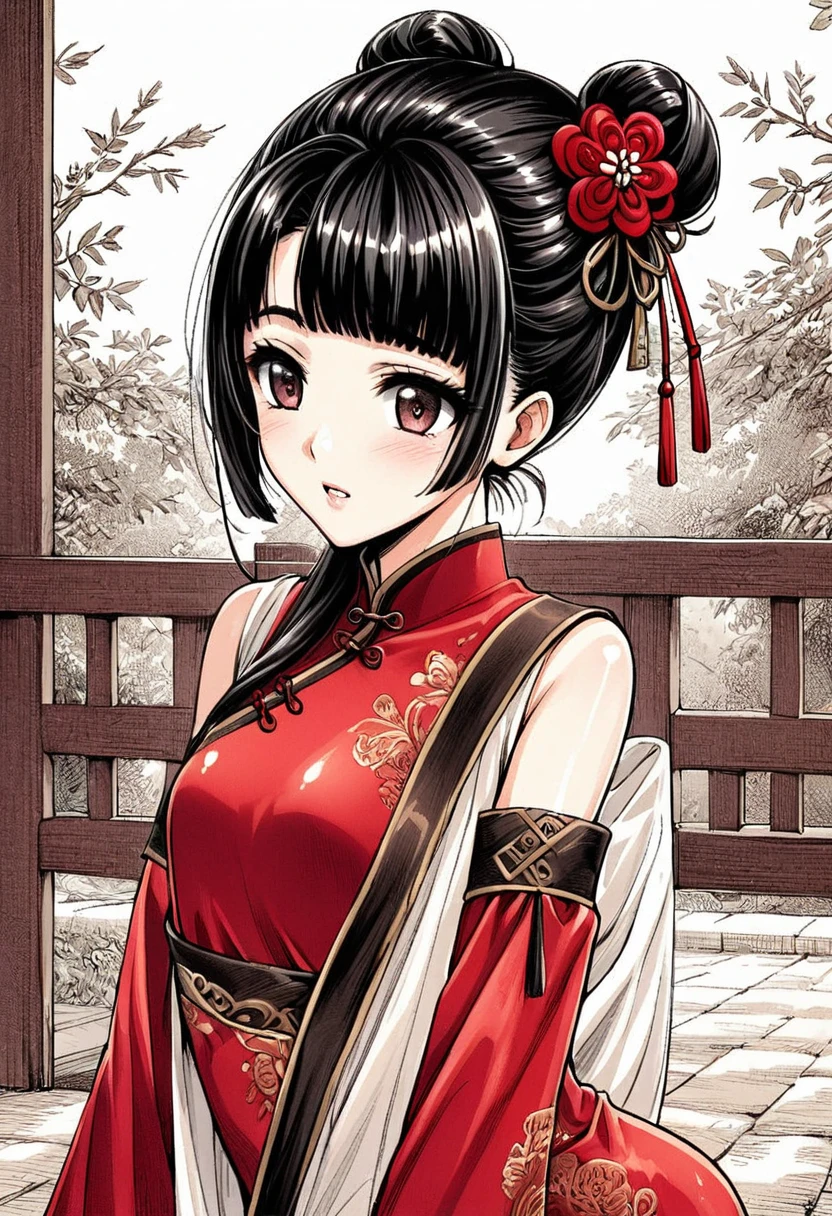 Period drama manga style　A 15-year-old super beautiful Chinese young lady with black hair in a bun cut wearing a super shiny red long-sleeved Chinese dress　She drips chocolate out of her asshole