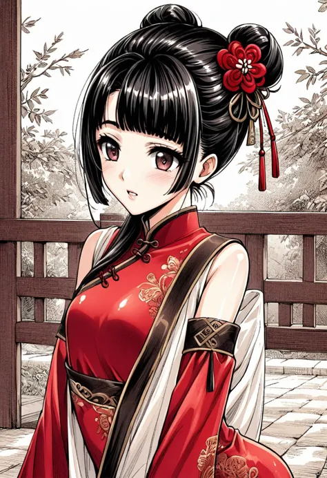 period drama manga style　a 15-year-old super beautiful chinese young lady with black hair in a bun cut wearing a super shiny red...