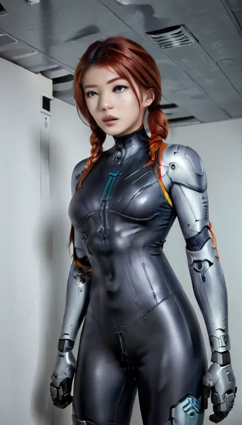 1 girl、medium bust、solo、red hair、braid、mobile race suit、shoulder armor、ceiling、wide shot、looking ahead、zipup suit 、closed mouth、...