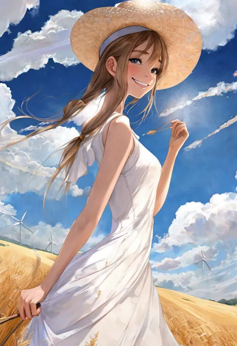 Masterpiece: 1.7, Top quality, Beautiful, Delicate colors, Detailed face, Smile, White dress, Straw hat, Art, (Watercolor (Crink...
