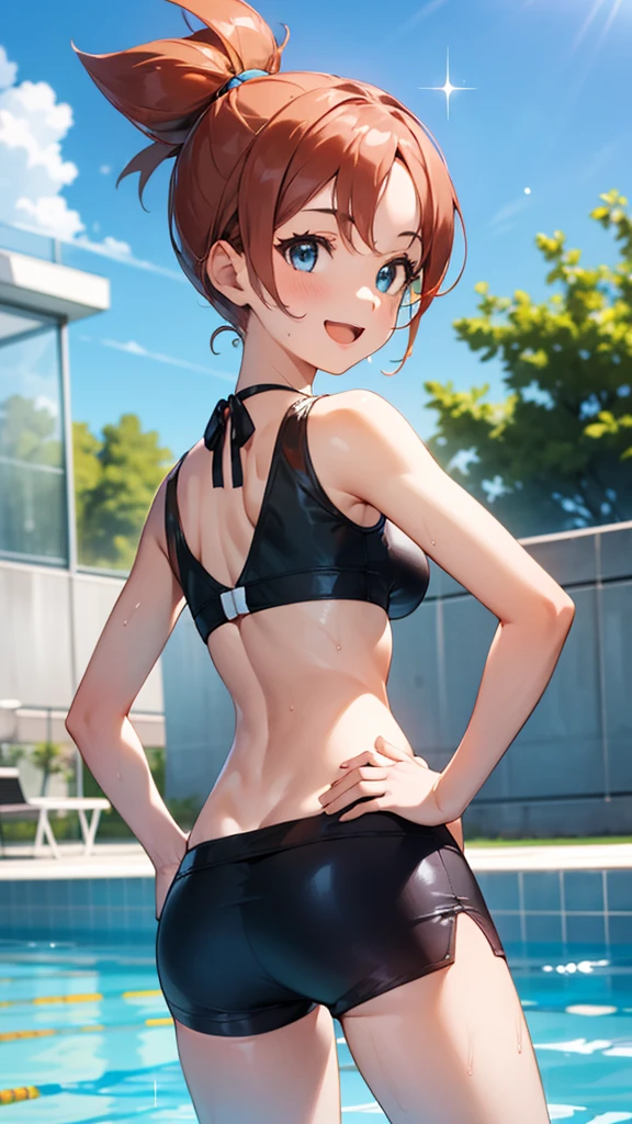 1 girl, masterpiece, best quality, highres, ro1, Misty from pokemon, hair bun, blue eyes, bikini top, blue bicycle shorts, small ponytail on the side, wristwatch, standing, hand on hip, smile, open mouth, (sparkle:1.1), orange hair, medium breasts, 3/4 body view, outdoors, swimming pool