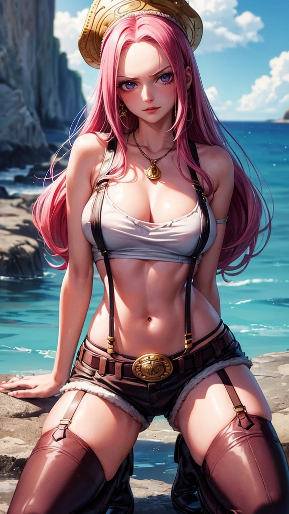 ((top-quality, 8K, masterpiece:1.3)), A detailed eye, (looking at from the front), Look at the camera, ((Everything is sparkling、reflecting light:1.2)), (Best Ratio: 4 fingers, 1 thumb), (portrait), (((Jewelry Bonney from One Piece))), JewelryBonneyV2, half body shot, 1girl, solo, cute asian face, long hair, pink hair, hat, ((slim girl, medium breasts, hyperdetailed lips)), red lips, (thighhighs, shorts, suspenders, boots, purple eyes), navel, midriff, crop top, belt, suspender shorts, complex detailed background, barren land, rocks, ocean, nature environment, squatting ,seiza , spread legs,nervous, blushing,