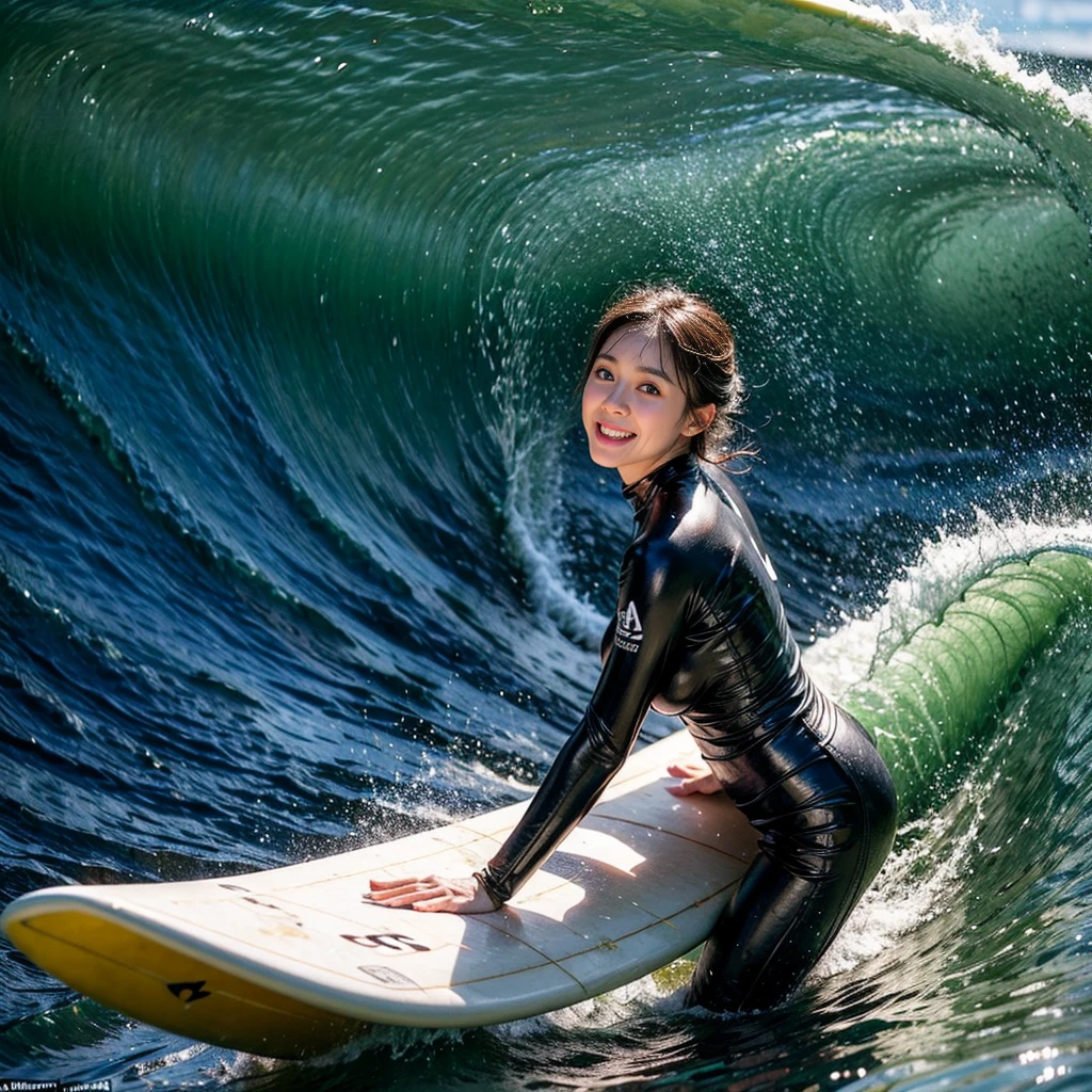 (ZoomedOut:1.35, Wide-shot)(Wetted:1.6)(Epic photo of surfer magazine:1.37). (sparkling highlights:1.28), (extremely detailed KAWAII face), Dynamic Joyful Expressions LifeLike Rendering  (ManoErina:1.0) . Overflowing Gigantic Sideboob (Clearly Visible Beautiful Breast to Buttocks Line) Tiny and RoundlyButt, Detailed clothing texture, Riding on waves (Sloppy Surfboard:-1.2)