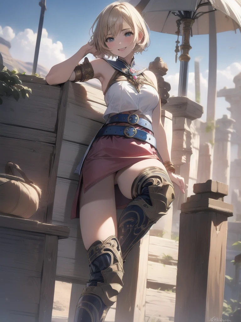 masterpiece, best quality, absurdres, perfect anatomy, 1girl, solo, Ashelia, short hair, AsheliaOutfit, miniskirt, thighhighs, jewelry, belt, standing, cowboy shot, smile, dynamic pose, dynamic angle, outdoors, plains, hills, (sitting, spreading legs by hands), spread crotch