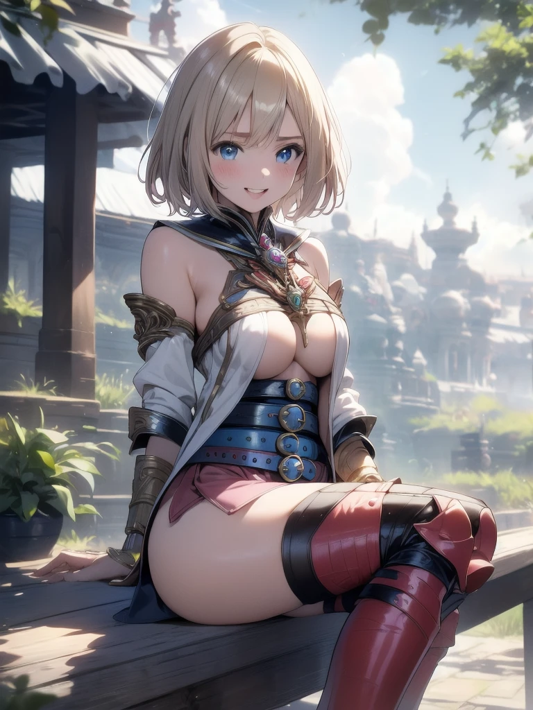 masterpiece, best quality, absurdres, perfect anatomy, 1girl, solo, Ashelia, short hair, AsheliaOutfit, miniskirt, thighhighs, jewelry, belt, standing, cowboy shot, smile, dynamic pose, dynamic angle, outdoors, plains, hills, (sitting, spreading legs by hands), spread crotch