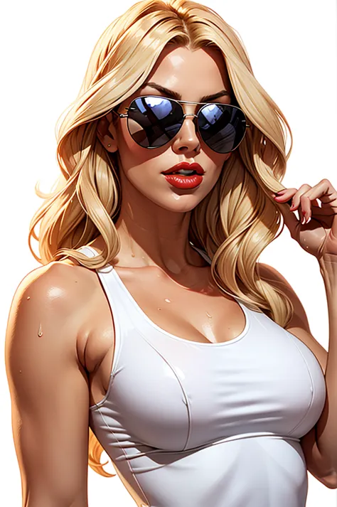 a long curling blonde wearing a sunglass, wearing a wet white tank top, white background, glossy red lip, medium breasts, mouth ...