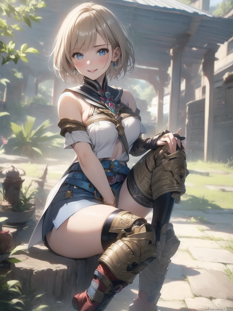 masterpiece, best quality, absurdres, perfect anatomy, (1girl, solo), Ashelia, short hair, AsheliaOutfit, miniskirt, thighhighs, jewelry, belt, standing, cowboy shot, smile, dynamic pose, dynamic angle, outdoors, plains, hills, (sitting, spreading legs by hands), spread crotch