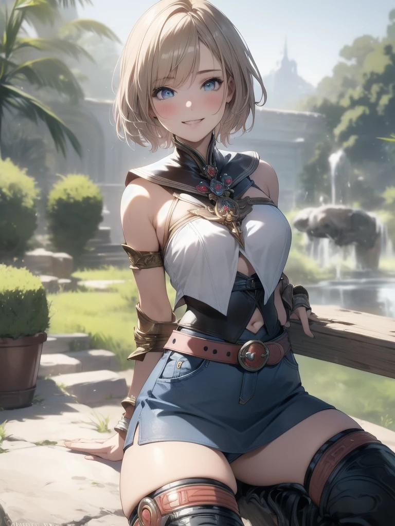 masterpiece, best quality, absurdres, perfect anatomy, (1girl, solo), Ashelia, short hair, AsheliaOutfit, miniskirt, thighhighs, jewelry, belt, standing, cowboy shot, smile, dynamic pose, dynamic angle, outdoors, plains, hills, (sitting, spreading legs by hands), spread crotch