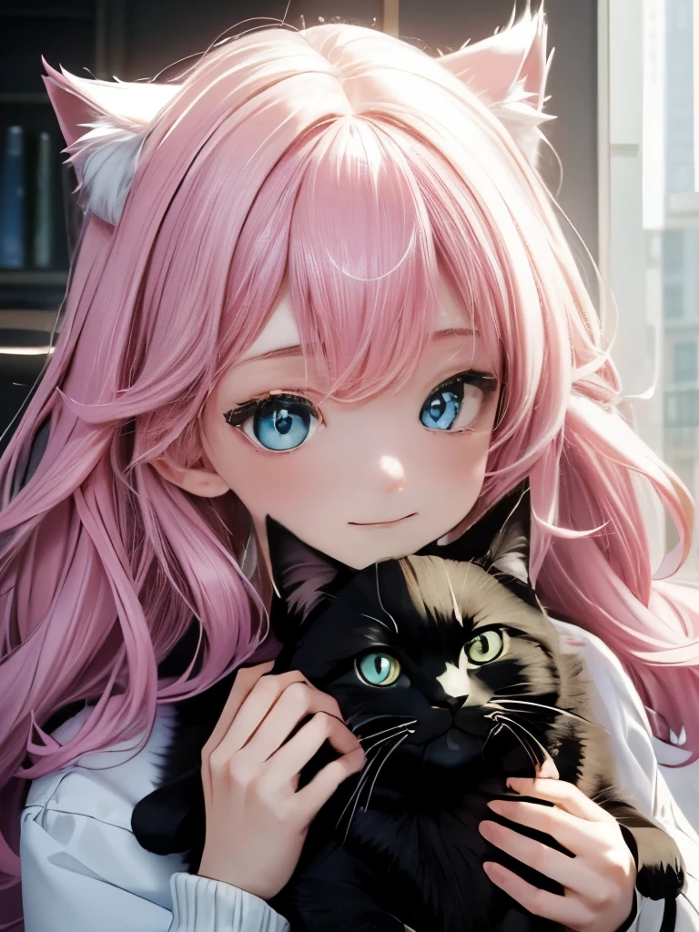 Girl with cat、Pink Hair、(Holding a black cat,Fluffy black cat)、Pink loose curls、blue eyes、Cat and glaring,smile,Cheek rubbing、Avatar