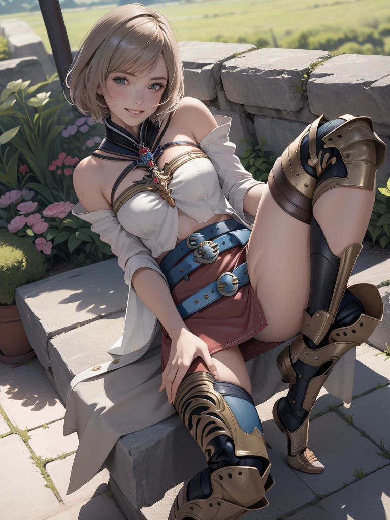 masterpiece, best quality, absurdres, perfect anatomy, 1girl, solo, Ashelia, short hair, AsheliaOutfit, miniskirt, thighhighs, jewelry, belt, standing, cowboy shot, smile, dynamic pose, dynamic angle, outdoors, plains, hills, (sitting, spreading legs by hands), spread crotch