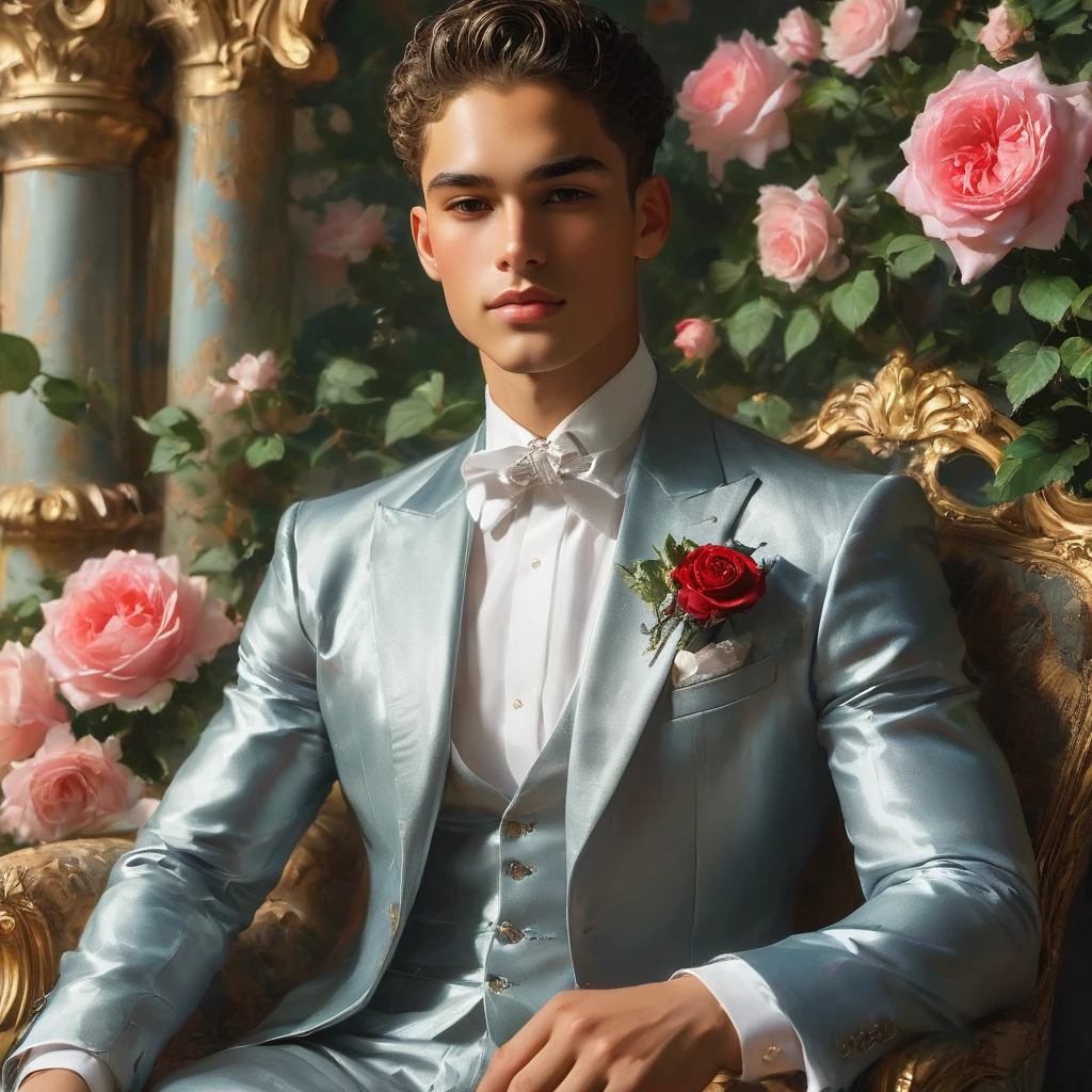 Create an image of a young man inspired by the characteristics of the rose 'The Prince, mixed race male model 23-25 year old, (angel face, prince eyes, lightly sweet smile), standing in a poised and regal posture, hand resting by his side, evokes a sense of deep contemplation and elegance. He is dressed in a deep, rich velvet robe in dark deep purple or red wine, adorned with intricate embroidery and layered over a (sheer Jockstrap with thick cock line), semi bulge, ((bulge focus)), complemented by dark tailored trousers and polished black shoes. His clothing reflects the complex, multi-petaled structure of the rose, with detailed textures and luxurious fabrics.
The composition places the model slightly off-center, allowing for a view of a lush greenhouse garden background with glossy green leaves and hints of blooming deep-red roses, creating a natural yet sophisticated setting. Soft diffused lighting highlights the model's features and clothing, casting gentle shadows that add depth and dimension to the image. The overall atmosphere is one of quiet intensity and refined elegance, with a subtle hint of romanticism.
The photo is taken at eye level with a slight upward angle to emphasize the model's regal presence, using a medium-format camera, Canon EOS R7 and Sigma AF 85mm F1.4 EX DG HSM lens, used to achieve a shallow depth of field, ensuring the model stands out sharply against the softly blurred background.
 by photographers Thomas Synnamon known for his ability to capture elegance and refinement in fashion photography, golden hour dreamlike settings and intricate details complements the theme perfectly.