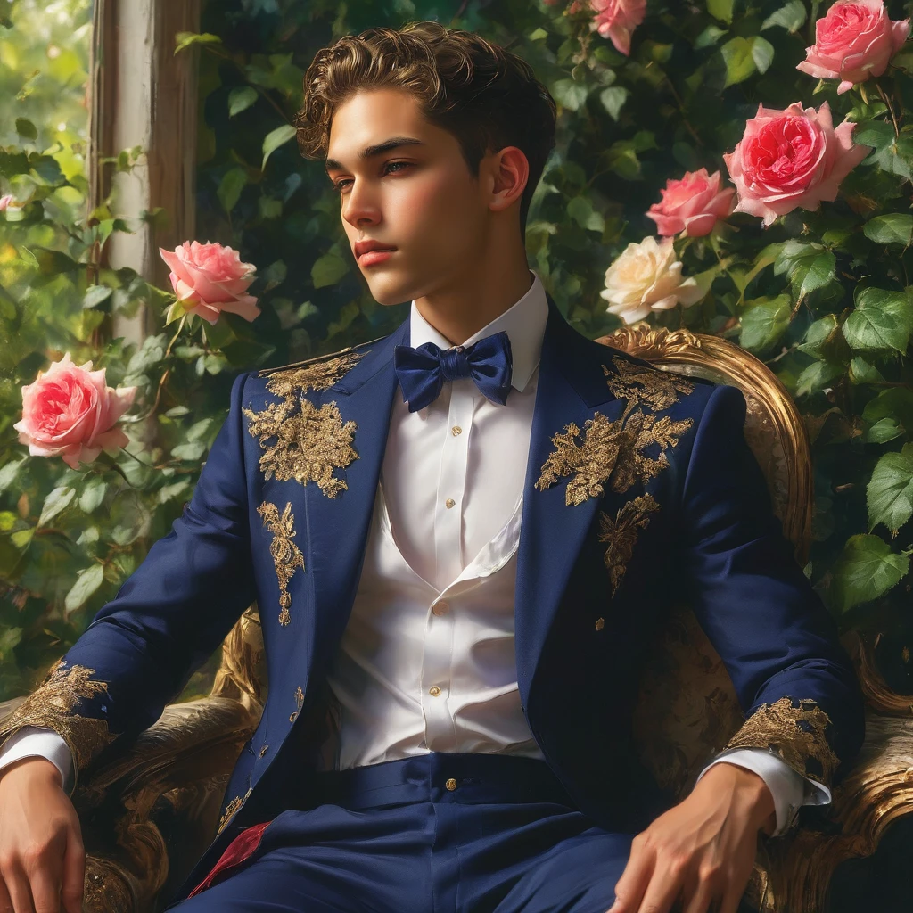 Create an image of a young man inspired by the characteristics of the rose 'The Prince, mixed race male model 23-25 year old, (angel face, prince eyes, lightly sweet smile), standing in a poised and regal posture, hand resting by his side, evokes a sense of deep contemplation and elegance. He is dressed in a deep, rich velvet robe in dark deep purple or red wine, adorned with intricate embroidery and layered over a (sheer Jockstrap with thick cock line), semi bulge, ((bulge focus)), complemented by dark tailored trousers and polished black shoes. His clothing reflects the complex, multi-petaled structure of the rose, with detailed textures and luxurious fabrics.
The composition places the model slightly off-center, allowing for a view of a lush greenhouse garden background with glossy green leaves and hints of blooming deep-red roses, creating a natural yet sophisticated setting. Soft diffused lighting highlights the model's features and clothing, casting gentle shadows that add depth and dimension to the image. The overall atmosphere is one of quiet intensity and refined elegance, with a subtle hint of romanticism.
The photo is taken at eye level with a slight upward angle to emphasize the model's regal presence, using a medium-format camera, Canon EOS R7 and Sigma AF 85mm F1.4 EX DG HSM lens, used to achieve a shallow depth of field, ensuring the model stands out sharply against the softly blurred background.
 by photographers Thomas Synnamon known for his ability to capture elegance and refinement in fashion photography, golden hour dreamlike settings and intricate details complements the theme perfectly.