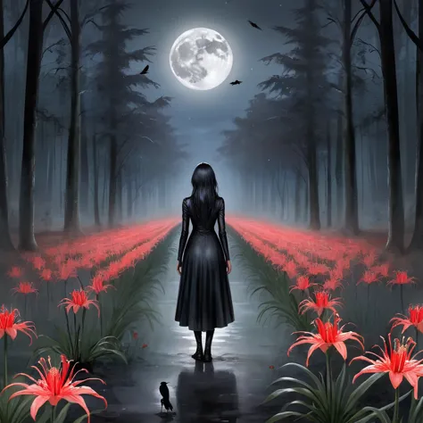 crow, cathedral, eveningull, evening, crows fall all over the ground, dark forest, one girl, alone, red spider lily, big full mo...