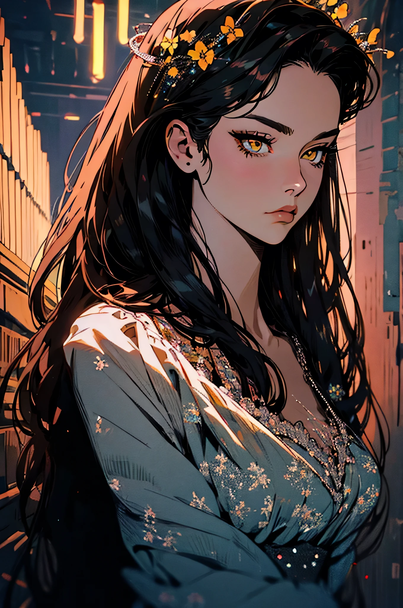 hyper-realistic of a mysterious woman with flowing dark hair, piercing yellow eyes, and a delicate floral crown, backwards, looking back, upper body