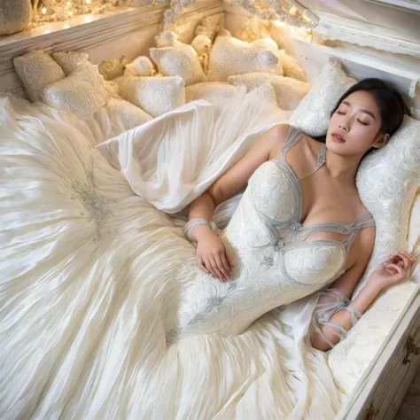 in a stunning, ultra-high-resolution masterpiece, a 25-year-old korean girl lies serene within a white coffin box adorned with p...