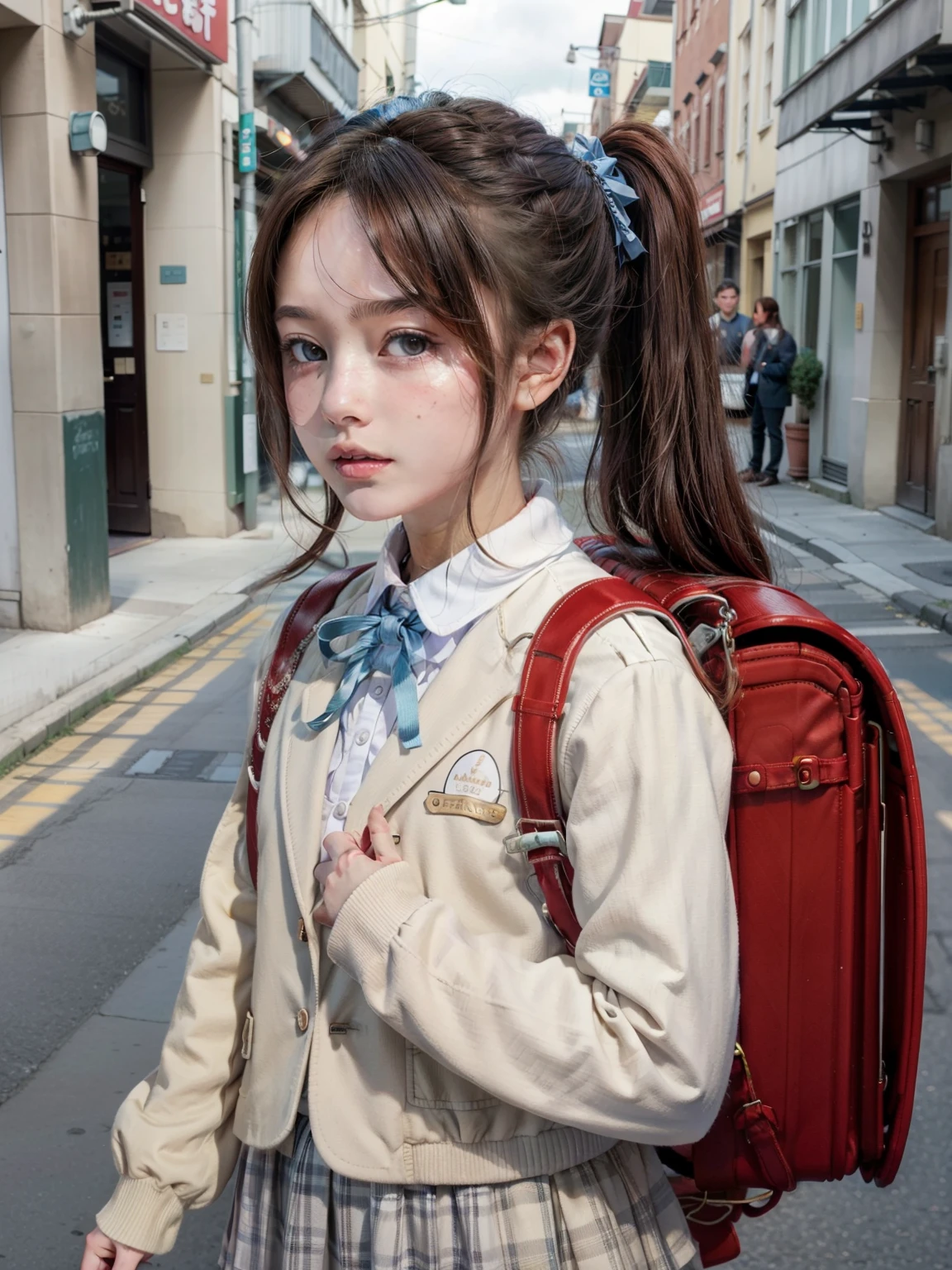 masterpiece, best quality, high resolution, extremely detailed, detailed background, cinematic lighting, 1girl, high school girl, looking at viewer, brown hair, very long hair, ponytail, hair ribbon, white ribbon, ,blazer, brown sweater, collared shirt, neck ribbon, blue skirt, standing, outdoor, wearing school backpack, (backpack:1.2)