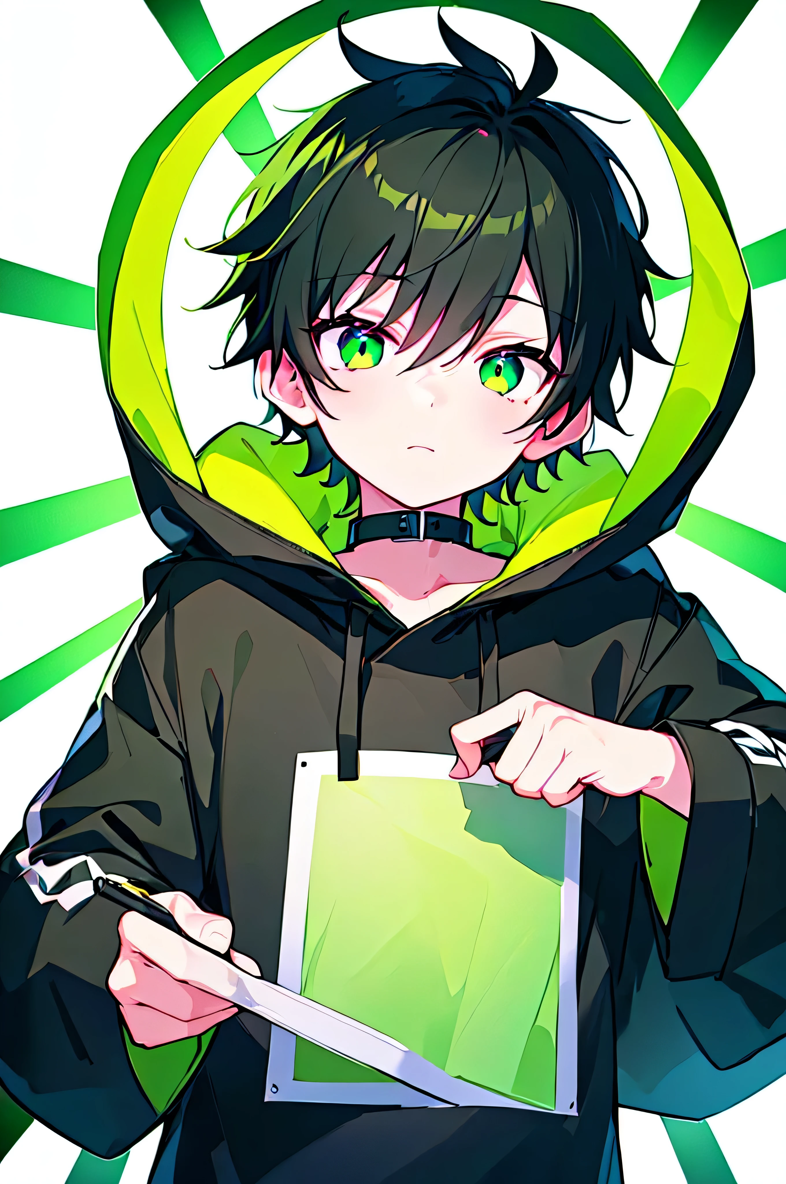 [(WHITE BACKGROUND:1.5),::5], (((masterpiece))), high quality, ultra_very_high_resolution, large_filesize, upper body, (green base), full color, ((solo)), ((little boy)), ((black short hair)), green eyes, anime, neon light, black parka,