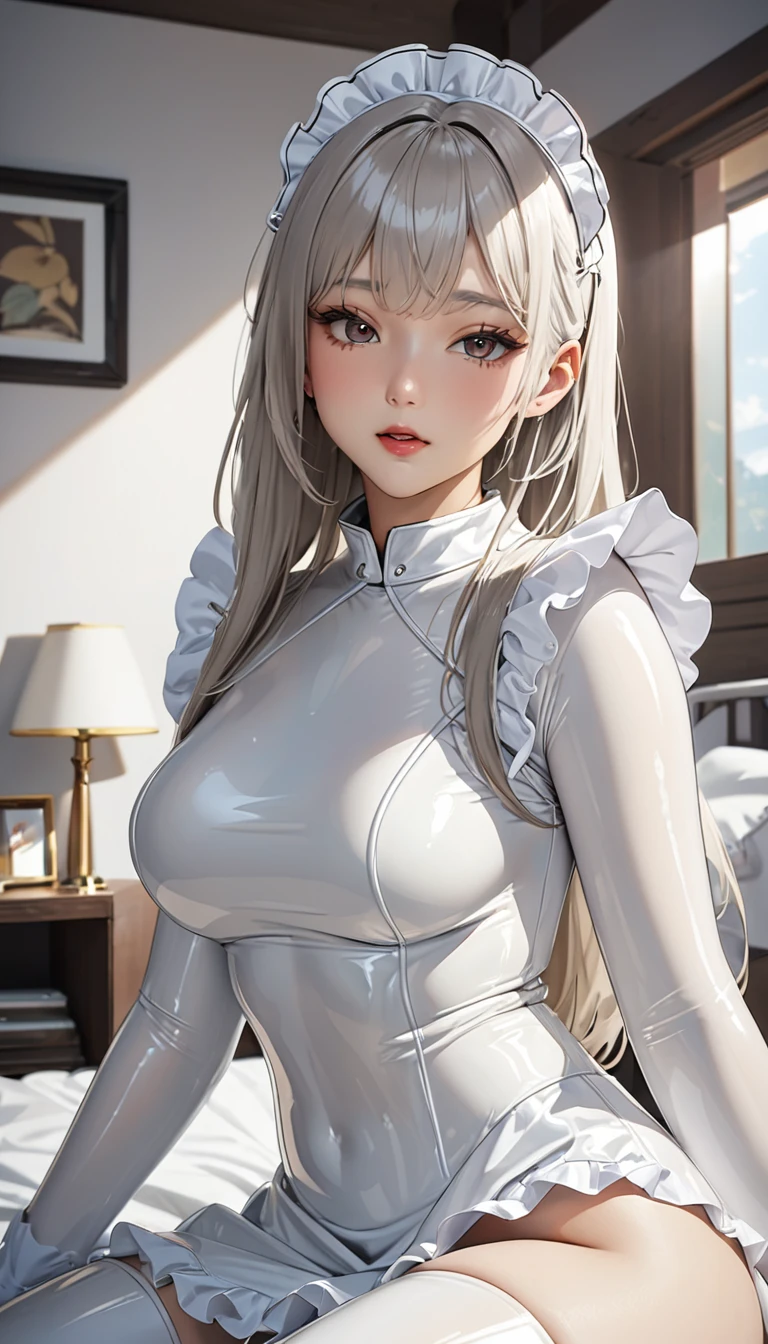 image、(masterpiece,best quality,Ultra-high resolution),Japanese women, (((Very beautiful 25 year old girl))),(White latex maid costume)、((White latex maxi skirt))、(A long-sleeved latex shirt that covers the upper body)、White latex gloves、White latex socks、White latex bodysuit、Ruffles、This dress is very close fitting、Latex is very shiny、darkroom、