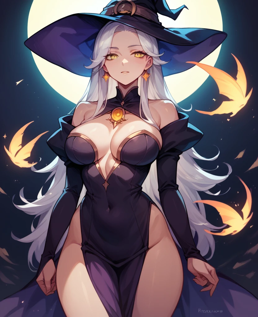 1girl, long beautiful white hair, beautiful yellow eyes, witch clothes, holding up a witch wond, thunder magic around her, thick curvy body, slim stomach 