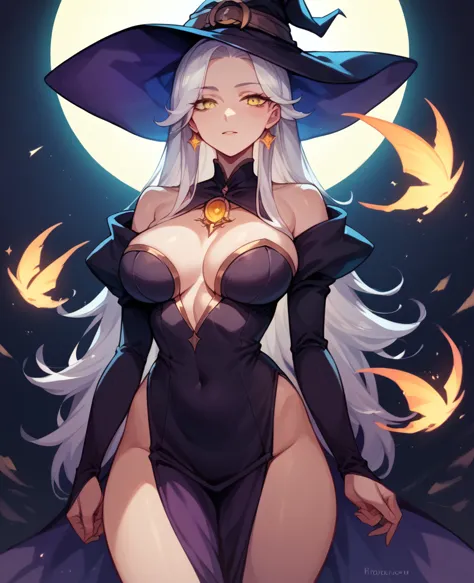 1girl, long beautiful white hair, beautiful yellow eyes, witch clothes, holding up a witch wond, thunder magic around her, thick...