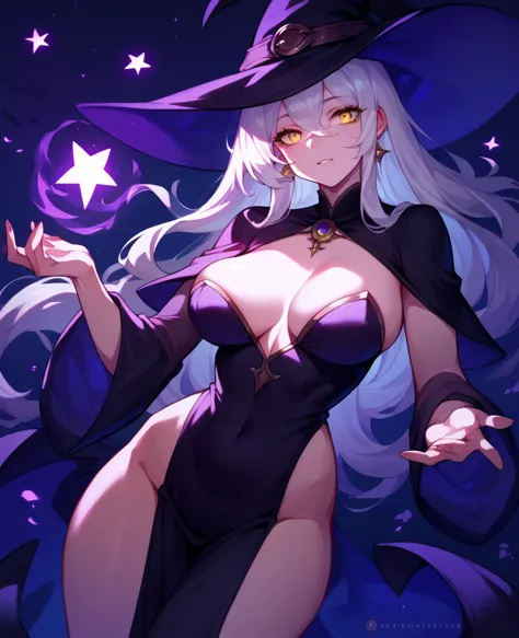 1girl, long beautiful white hair, beautiful yellow eyes, witch clothes, holding up a witch wond, thunder magic around her, thick...