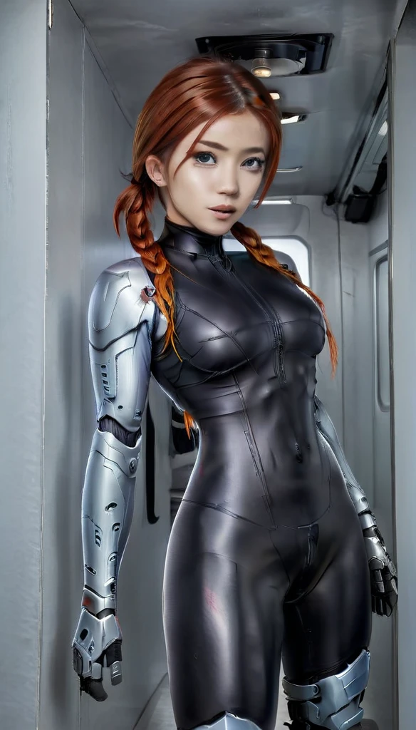 1 Girl、Medium Bust、solo、red Hair、Braid、Mobile Race Suit、Shoulder Armor、ceiling、Wide Shot、Looking Ahead、zipup suit 、Closed Mouth、Highest quality、medium quality、22 years old、Mobile Trace System、cockpit、Asian、CyborgCosplay

