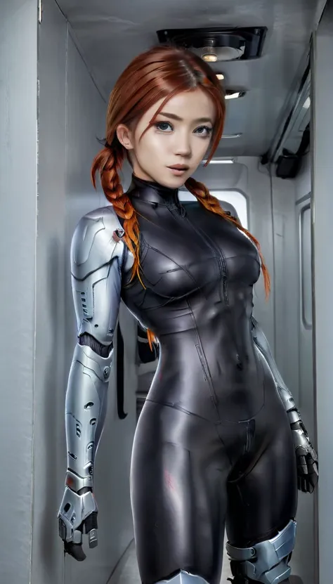 1 girl、medium bust、solo、red hair、braid、mobile race suit、shoulder armor、ceiling、wide shot、looking ahead、zipup suit 、closed mouth、...