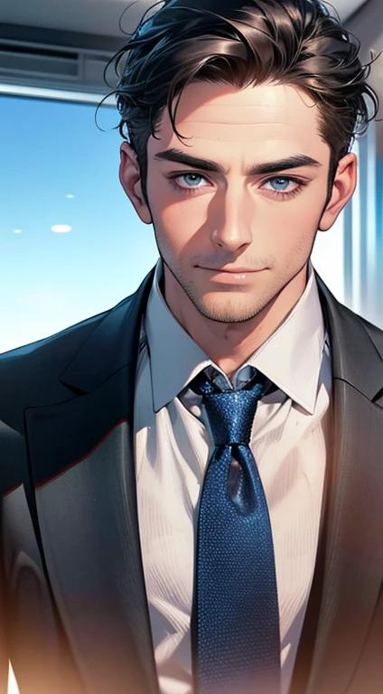 (best quality,4k,8k,highres,masterpiece:1.2),ultra-detailed,(realistic,photorealistic,photo-realistic:1.37),1 man,31 years old,mature man,very handsome,without expression,smile,short grey black hair,blue eyes,penetrating gaze,perfect face without errors,imposing posture,businessman,office background,cinematic lighting,hdr image