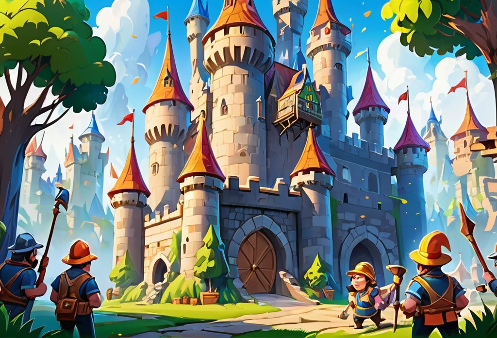 ein Schloss (Meisterwerk beste Qualität:1.2) Exquisite Illustrations with rich details,  (Disney-bezogene Aktivitäten) Außenbereiche,  Es gibt Bauarbeiter, die ein Schloss bauen。Clash Royale-Stil。detaillierter Hintergrund, Illustration, Hell, reich und bunt, 