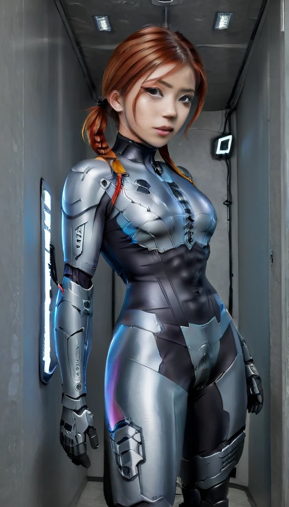 1 Girl、Medium Bust、solo、red Hair、Braid、Mobile Race Suit、Shoulder Armor、ceiling、Wide Shot、Looking Ahead、zipup suit 、Closed Mouth、Highest quality、medium quality、22 years old、Mobile Trace System、cockpit、Asian、CyborgCosplay

