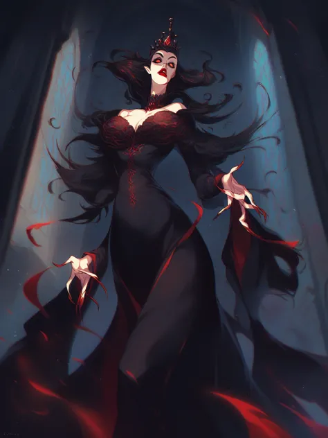 score_8_up, score_7_up, beautiful vampire queen girl standing in dark, black hair, no pupils, no sclera, red lips, ornate black ...