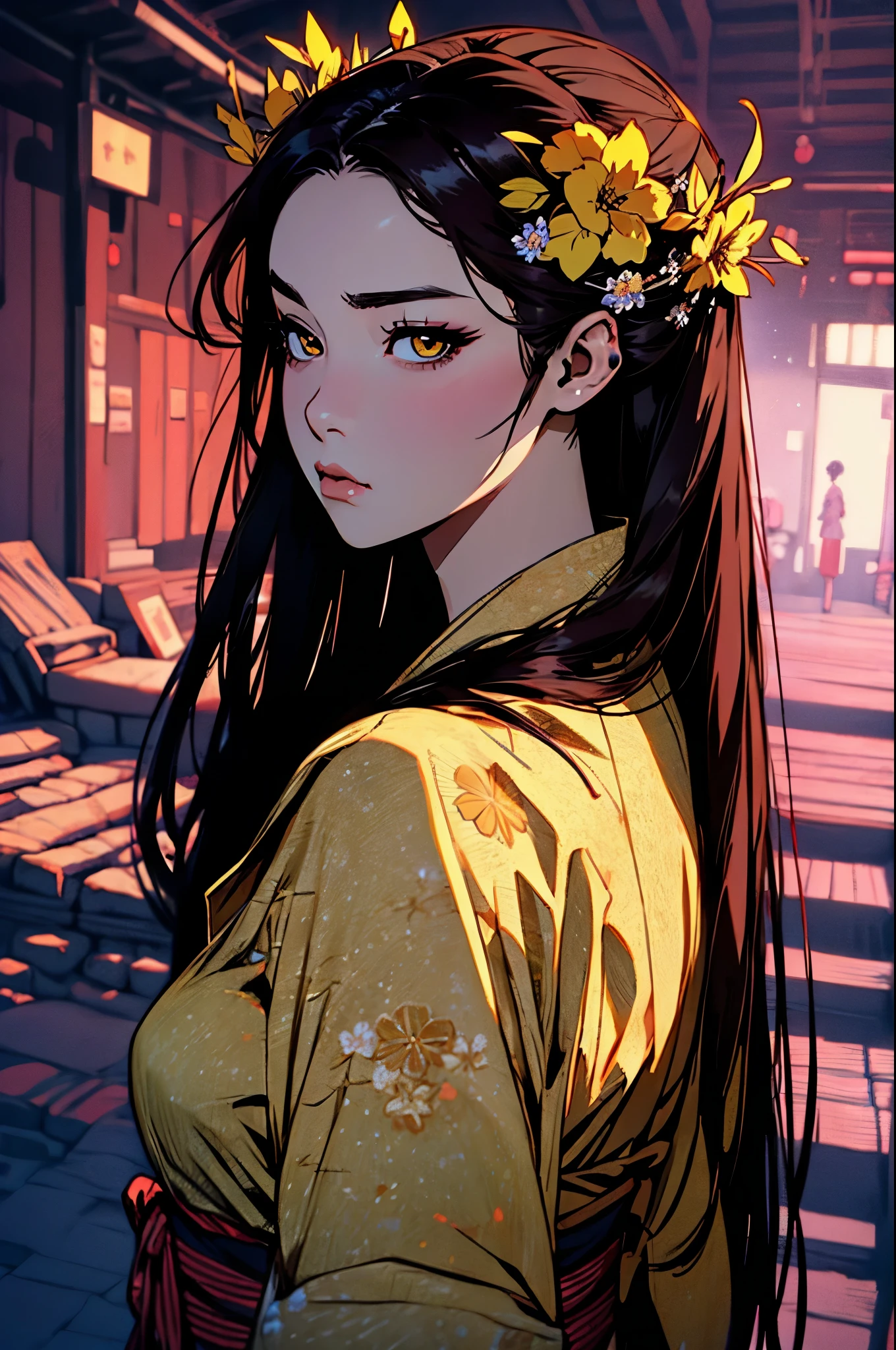 hyper-realistic of a mysterious woman with flowing dark hair, piercing yellow eyes, and a delicate floral crown, backwards, looking back, upper body, (yukata)