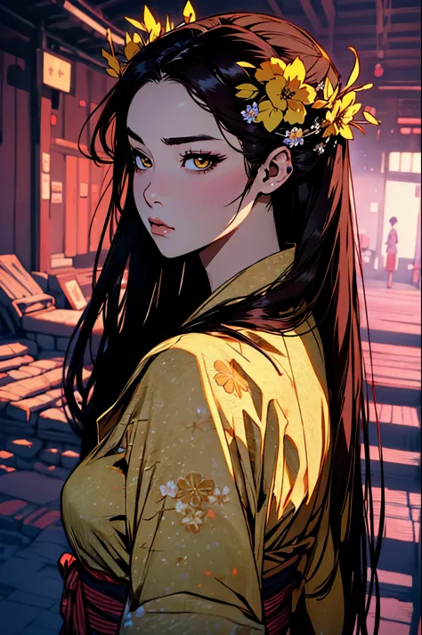 hyper-realistic of a mysterious woman with flowing dark hair, piercing yellow eyes, and a delicate floral crown, backwards, look...