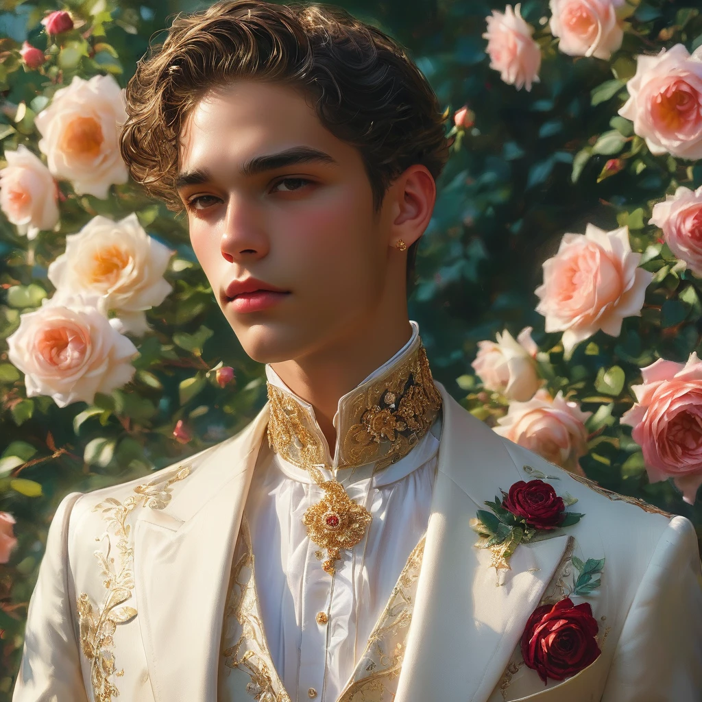 Create an image of a young man inspired by the characteristics of the rose 'The Prince, mixed race male model 27 year old, (angel face, prince eyes, lightly sweet smile), standing in a poised and regal posture, hand resting by his side, evokes a sense of deep contemplation and elegance. He is dressed in a deep, rich velvet robe in dark deep purple or red wine, adorned with intricate embroidery and layered over a (sheer Jockstrap with thick cock line), semi bulge, ((bulge focus)), complemented by dark tailored trousers and polished black shoes. His clothing reflects the complex, multi-petaled structure of the rose, with detailed textures and luxurious fabrics.
The composition places the model slightly off-center, allowing for a view of a lush greenhouse garden background with glossy green leaves and hints of blooming deep-red roses, creating a natural yet sophisticated setting. Soft diffused lighting highlights the model's features and clothing, casting gentle shadows that add depth and dimension to the image. The overall atmosphere is one of quiet intensity and refined elegance, with a subtle hint of romanticism.
The photo is taken at eye level with a slight upward angle to emphasize the model's regal presence, using a medium-format camera, Canon EOS R7 and Sigma AF 85mm F1.4 EX DG HSM lens, used to achieve a shallow depth of field, ensuring the model stands out sharply against the softly blurred background.
 by photographers Thomas Synnamon known for his ability to capture elegance and refinement in fashion photography, golden hour dreamlike settings and intricate details complements the theme perfectly.