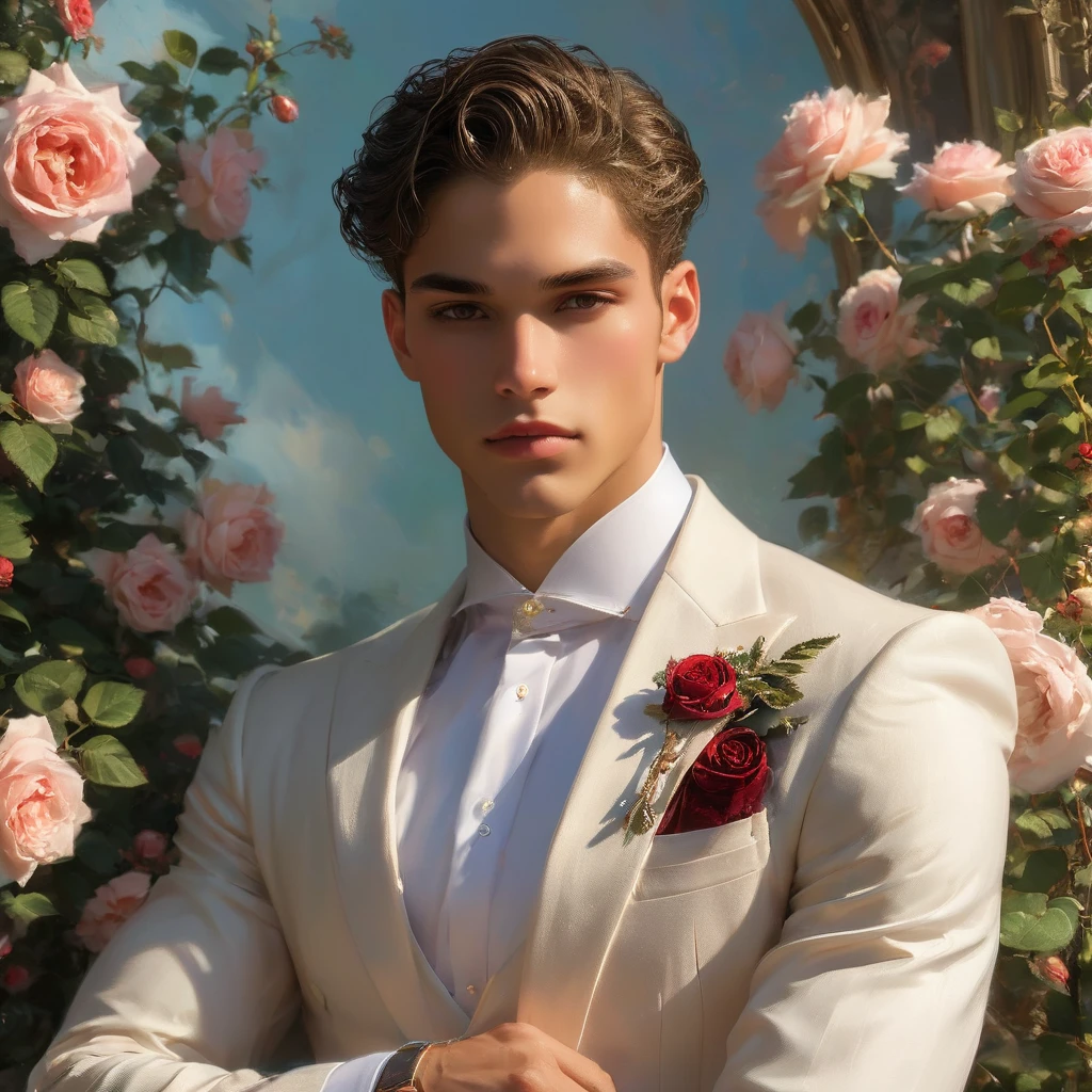 Create an image of a young man inspired by the characteristics of the rose 'The Prince, mixed race male model 27 year old, (angel face, prince eyes, lightly sweet smile), standing in a poised and regal posture, hand resting by his side, evokes a sense of deep contemplation and elegance. He is dressed in a deep, rich velvet robe in dark deep purple or red wine, adorned with intricate embroidery and layered over a (sheer Jockstrap with thick cock line), semi bulge, ((bulge focus)), complemented by dark tailored trousers and polished black shoes. His clothing reflects the complex, multi-petaled structure of the rose, with detailed textures and luxurious fabrics.
The composition places the model slightly off-center, allowing for a view of a lush greenhouse garden background with glossy green leaves and hints of blooming deep-red roses, creating a natural yet sophisticated setting. Soft diffused lighting highlights the model's features and clothing, casting gentle shadows that add depth and dimension to the image. The overall atmosphere is one of quiet intensity and refined elegance, with a subtle hint of romanticism.
The photo is taken at eye level with a slight upward angle to emphasize the model's regal presence, using a medium-format camera, Canon EOS R7 and Sigma AF 85mm F1.4 EX DG HSM lens, used to achieve a shallow depth of field, ensuring the model stands out sharply against the softly blurred background.
 by photographers Thomas Synnamon known for his ability to capture elegance and refinement in fashion photography, golden hour dreamlike settings and intricate details complements the theme perfectly.