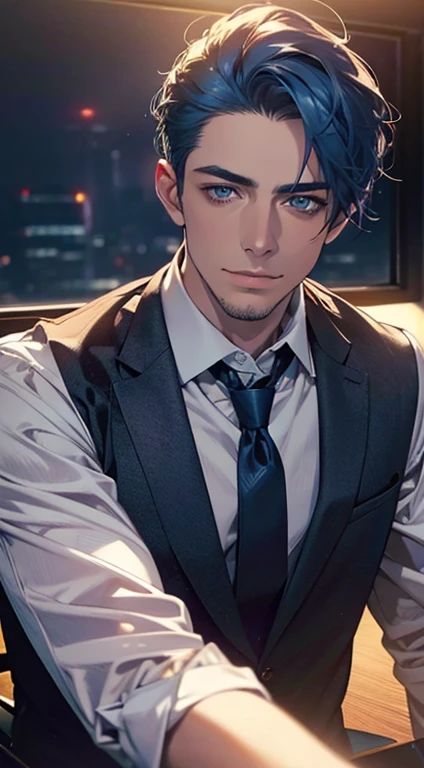 (best quality,4k,8k,highres,masterpiece:1.2),ultra-detailed,(realistic,photorealistic,photo-realistic:1.37),1 man,3,mature man,very handsome,without expression,smile,short blue hair,blue eyes,penetrating gaze,perfect face without errors,imposing posture,businessman,office background,cinematic lighting,hdr image