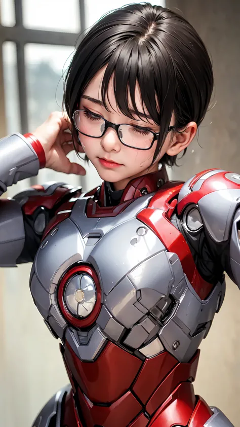 Highest quality　8k Iron Man Suit Girl　Kindergarten girl　Sweaty face　cute　short hair　boyish　Steam coming out of my head　My hair i...