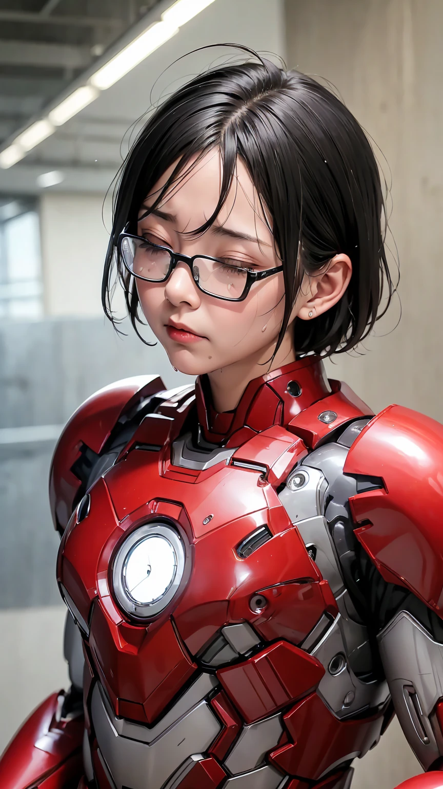 Highest quality　8k Iron Man Suit Girl　Kindergarten girl　Sweaty face　cute　short hair　boyish　Steam coming out of my head　My hair is wet with sweat　The feel of black hair　Full body portrait　My upper body is soaked　Glasses　Changing clothes　Take off　Sweat flying　Blurry expression　Sweaty hair