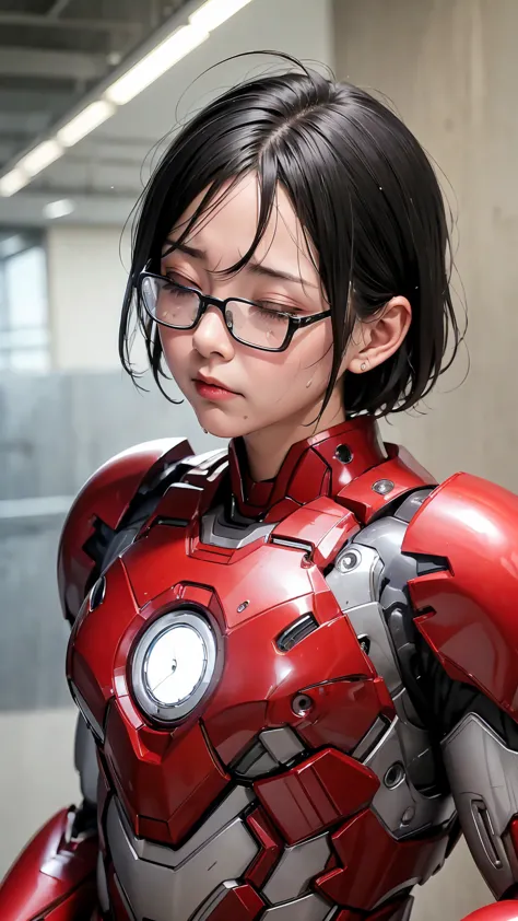 Highest quality　8k Iron Man Suit Girl　Kindergarten girl　Sweaty face　cute　short hair　boyish　Steam coming out of my head　My hair i...